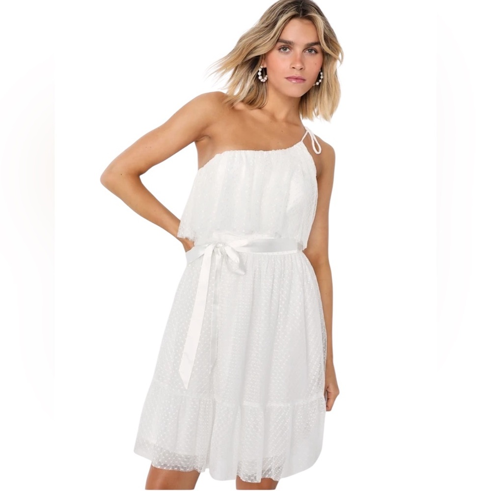 Lulus White Bridal Shower Mini Dress One Shoulder Swiss Dot NWT Size Small